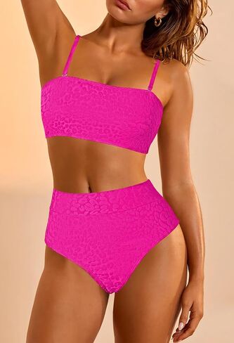 Pink Queen Women 2 Piece Bandeau Swimsuits Strapless Textured Bikini Set High Waisted Bathing Suits in Saudi Arabia