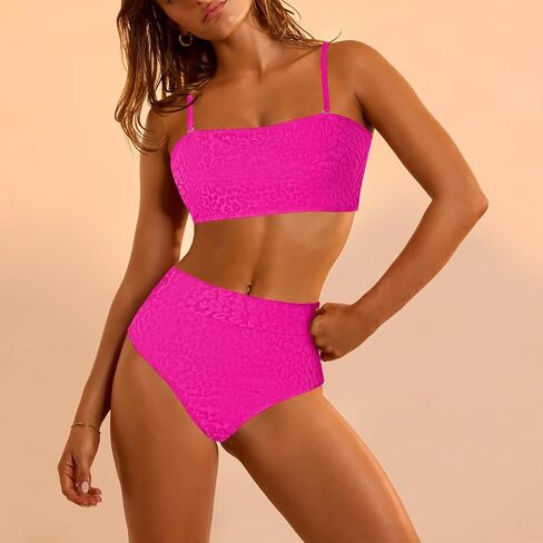 Pink Queen Women 2 Piece Bandeau Swimsuits Strapless Textured Bikini Set High Waisted Bathing Suits in Saudi Arabia