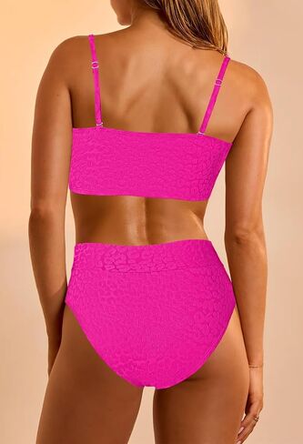 Pink Queen Women 2 Piece Bandeau Swimsuits Strapless Textured Bikini Set High Waisted Bathing Suits in Saudi Arabia