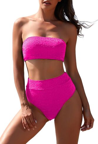 Pink Queen Women 2 Piece Bandeau Swimsuits Strapless Textured Bikini Set High Waisted Bathing Suits in Saudi Arabia