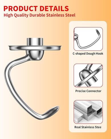 خطاف العجين من الفولاذ المقاوم للصدأ WUKUR متوافق مع KitchenAid 4.5Qt-5Qt وخلاطات حامل إمالة الرأس، مقاومة للصدأ وغسالة الأطباق، عجن للخبز والبيتزا والمعكرونة ومرفق خطاف الكوكيز in Kuwait