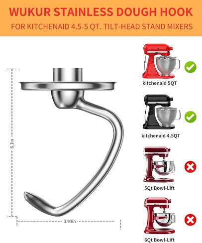 خطاف العجين من الفولاذ المقاوم للصدأ WUKUR متوافق مع KitchenAid 4.5Qt-5Qt وخلاطات حامل إمالة الرأس، مقاومة للصدأ وغسالة الأطباق، عجن للخبز والبيتزا والمعكرونة ومرفق خطاف الكوكيز in Kuwait