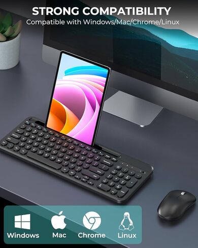 مجموعة لوحة مفاتيح وماوس لاسلكية من cimetech، لوحة مفاتيح كمبيوتر هادئة 2.4 جيجا مع حامل هاتف لوحي، ماوس بصري صامت، وظيفة توفير الطاقة التلقائية، للكمبيوتر المحمول Windows Mac in Kuwait