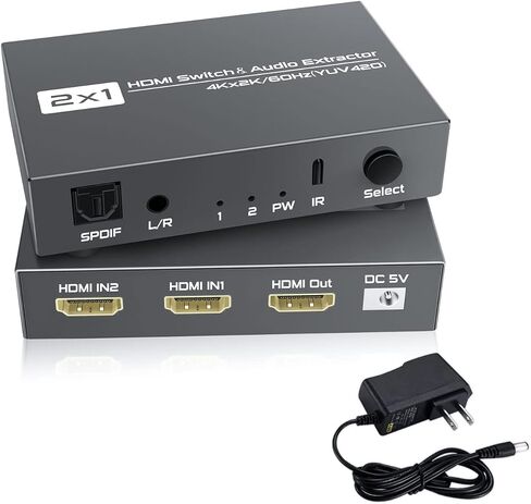 محول HDMI 2x1 مع TOSLINK Optical SPDIF ومخرج صوت ستيريو 3.5 مم، مستخرج صوت HDMI Switcher 2 مدخل، 1 مخرج مع جهاز تحكم عن بعد 4K@60hz(YUV420)، صندوق محول HDMI1.4b بمنفذين مع صوت in Kuwait