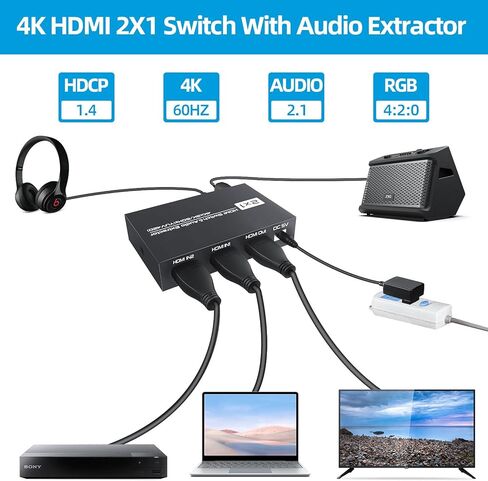محول HDMI 2x1 مع TOSLINK Optical SPDIF ومخرج صوت ستيريو 3.5 مم، مستخرج صوت HDMI Switcher 2 مدخل، 1 مخرج مع جهاز تحكم عن بعد 4K@60hz(YUV420)، صندوق محول HDMI1.4b بمنفذين مع صوت in Kuwait