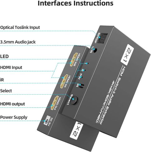 محول HDMI 2x1 مع TOSLINK Optical SPDIF ومخرج صوت ستيريو 3.5 مم، مستخرج صوت HDMI Switcher 2 مدخل، 1 مخرج مع جهاز تحكم عن بعد 4K@60hz(YUV420)، صندوق محول HDMI1.4b بمنفذين مع صوت in Kuwait