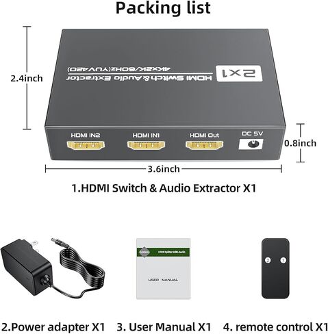 محول HDMI 2x1 مع TOSLINK Optical SPDIF ومخرج صوت ستيريو 3.5 مم، مستخرج صوت HDMI Switcher 2 مدخل، 1 مخرج مع جهاز تحكم عن بعد 4K@60hz(YUV420)، صندوق محول HDMI1.4b بمنفذين مع صوت in Kuwait