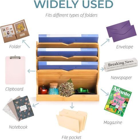 ZOOFOX Bamboo Wall File Holder, 4-Tier Vertical Hanging File Organizer with Bottom Flat Tray, Paper Document Magazine Rack for Office, School or Home in Saudi Arabia