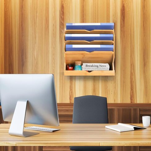 ZOOFOX Bamboo Wall File Holder, 4-Tier Vertical Hanging File Organizer with Bottom Flat Tray, Paper Document Magazine Rack for Office, School or Home in Saudi Arabia