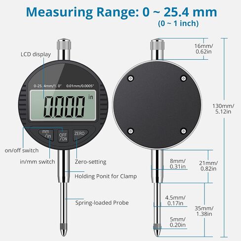 AUTOUTLET Digital Dial Indicator 0.01/0.0005'' Digital Indicator Probe Dial Test Gauge Range 0-25.4mm/1'' Dial Test Indicators Electronic Indicator Gauge Black in Saudi Arabia