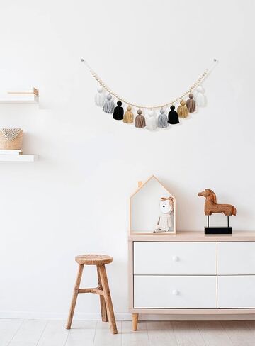 Tassel Garland, Boho Garland Decor with Wood Bead, Decorative Macrame Banner Wall Hanging for Girls Room Nursery Baby Shower Classroom (Earth Tone) in Saudi Arabia