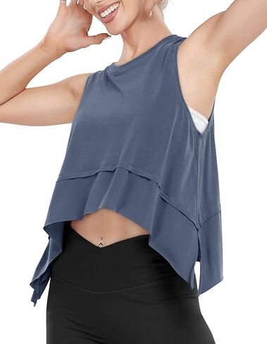 UEU اقتصاص تانك القمم للنساء تجريب اليوغا رياضية الصيف بلا أكمام فلوي سبليت الجانب الشق المتضخم فضفاضة تناسب المحملة in Kuwait