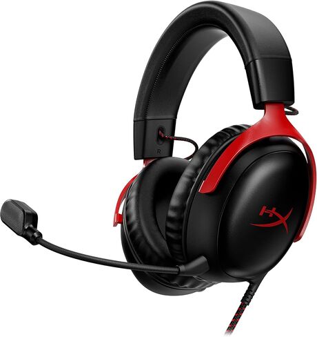 HyperX Cloud III Gaming Headset Wired 3.5mm USB Noise-Cancelling DTS Spatial Audio Signature Memory Foam Premium Leatherette for PC, PS5, PS4, Xbox Series Switch, Mac, Mobile, Black Red (Renewed) in Saudi Arabia