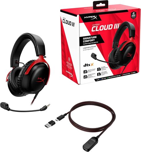 HyperX Cloud III Gaming Headset Wired 3.5mm USB Noise-Cancelling DTS Spatial Audio Signature Memory Foam Premium Leatherette for PC, PS5, PS4, Xbox Series Switch, Mac, Mobile, Black Red (Renewed) in Saudi Arabia