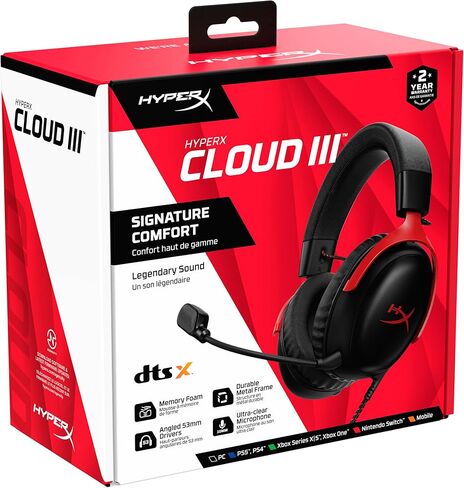 HyperX Cloud III Gaming Headset Wired 3.5mm USB Noise-Cancelling DTS Spatial Audio Signature Memory Foam Premium Leatherette for PC, PS5, PS4, Xbox Series Switch, Mac, Mobile, Black Red (Renewed) in Saudi Arabia