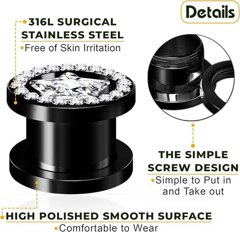 زوج من المسمار الأسود المؤكسد أنفاق اللحم الخارجي ثقب المجوهرات نقالة الأذن واضح ستار تشيكوسلوفاكيا كريستال القرط الفص المقابس in Kuwait