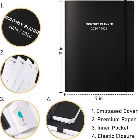 Monthly Planner 2024-2026 - Planner 2024-2026 Monthly, Jul. 2024 - Jun. 2026, 9’’ × 11’’, 2 Years Monthly Planner with Embossed Cover, Inner Pocket, Premium Paper, Elastic Closure in Saudi Arabia