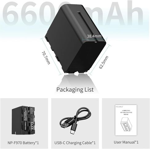 FEELWORLD NP-F970 Replacement Battery 6600mAh of NP-F970 F960 F950 F770 F750 F570 F550 for Monitor Video Light Video Transmission USB-C Charging(1 Pack) in Saudi Arabia