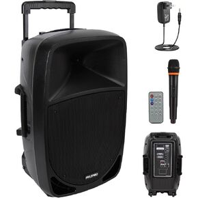 1200W Portable Bluetooth PA Speaker - 12’’ Subwoofer, LED Battery Indicator Lights w/Built-in Rechargeable Battery, MP3/USB/SD Card Reader, and UHF Wireless Microphone - Pyle PSBT125A in Kuwait