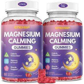 Magnesium Calming Gummies for Kids 4+ & Adults, Sugar Free Magnesium Supplement with L-Theanine, Chamomile, Vitamins B6, D3, K2, Zinc for Sleep, Relaxation, Focus & Muscle Support, Strawberry Flavor in Kuwait