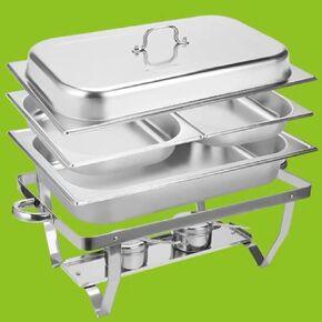 طبق ساخن للبوفيه من الفولاذ المقاوم للصدأ - يحتوي على صينية تسخين من الفولاذ المقاوم للصدأ، مجموعة بوفيه وعاء ساخن، سخان طعام مع غطاء من الفولاذ الصلب وحامل لتقديم الطعام في حفلات الزفاف (حجرة مزدوجة/ج) in Kuwait