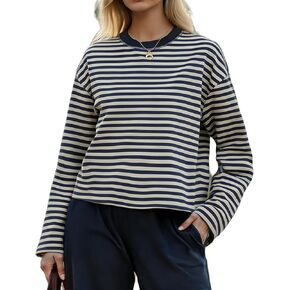 المرأة المتضخم مخطط كم طويل قميص Y2k Crewneck انخفاض الكتف اقتصاص المحملات في سن المراهقة الفتيات فضفاض البلوز in Kuwait