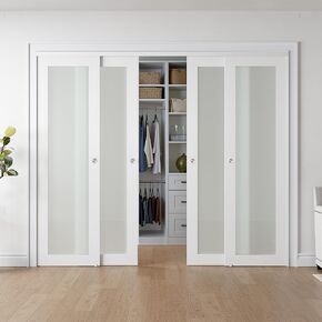 Sliding Closet Door for 96" x 80" Opening, 1-Lite Frosted Glass Closet Door with Hardware Kit Included, Preassembled MDF Barn Door, White in Kuwait