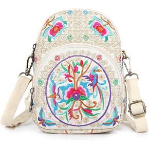 Embroidery Flowers Canvas Crossbody Bag, Women Messenger Bag, Cellphone Pouch Purse in Kuwait