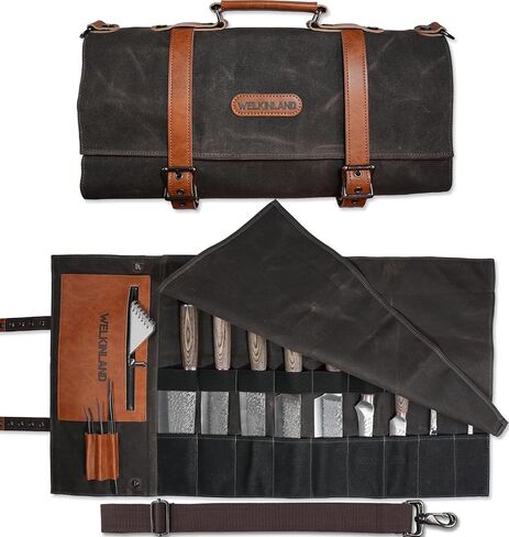 WELKINLAND 13-Pocket Knife Roll, Waxed-Canvas Leather Knife Roll Bag, Heavy-Duty Chef Knife Roll Bag, WaterProof Knife Wrap Roll, Portable Chef Knife Roll Up, Chef Knife Bags And Rolls in Kuwait