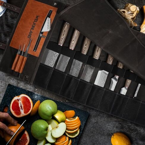 WELKINLAND 13-Pocket Knife Roll, Waxed-Canvas Leather Knife Roll Bag, Heavy-Duty Chef Knife Roll Bag, WaterProof Knife Wrap Roll, Portable Chef Knife Roll Up, Chef Knife Bags And Rolls in Kuwait