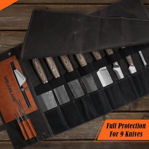 WELKINLAND 13-Pocket Knife Roll, Waxed-Canvas Leather Knife Roll Bag, Heavy-Duty Chef Knife Roll Bag, WaterProof Knife Wrap Roll, Portable Chef Knife Roll Up, Chef Knife Bags And Rolls in Kuwait