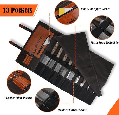 WELKINLAND 13-Pocket Knife Roll, Waxed-Canvas Leather Knife Roll Bag, Heavy-Duty Chef Knife Roll Bag, WaterProof Knife Wrap Roll, Portable Chef Knife Roll Up, Chef Knife Bags And Rolls in Kuwait
