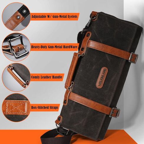 WELKINLAND 13-Pocket Knife Roll, Waxed-Canvas Leather Knife Roll Bag, Heavy-Duty Chef Knife Roll Bag, WaterProof Knife Wrap Roll, Portable Chef Knife Roll Up, Chef Knife Bags And Rolls in Kuwait