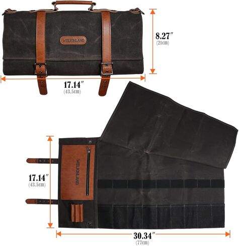 WELKINLAND 13-Pocket Knife Roll, Waxed-Canvas Leather Knife Roll Bag, Heavy-Duty Chef Knife Roll Bag, WaterProof Knife Wrap Roll, Portable Chef Knife Roll Up, Chef Knife Bags And Rolls in Kuwait