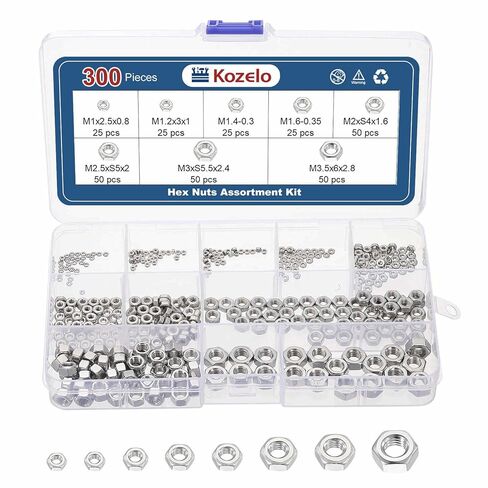 مجموعة متنوعة من صواميل سداسية 300 قطعة - [M1 M1.2 M1.4 M1.6 M2 M2.5 M3 M3.5] 304 الفولاذ المقاوم للصدأ 18-8 (A2-70) مجموعة صواميل الأجهزة للإصلاح والتجميع الميكانيكي، فضي in Kuwait