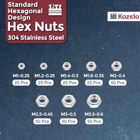 مجموعة متنوعة من صواميل سداسية 300 قطعة - [M1 M1.2 M1.4 M1.6 M2 M2.5 M3 M3.5] 304 الفولاذ المقاوم للصدأ 18-8 (A2-70) مجموعة صواميل الأجهزة للإصلاح والتجميع الميكانيكي، فضي in Kuwait