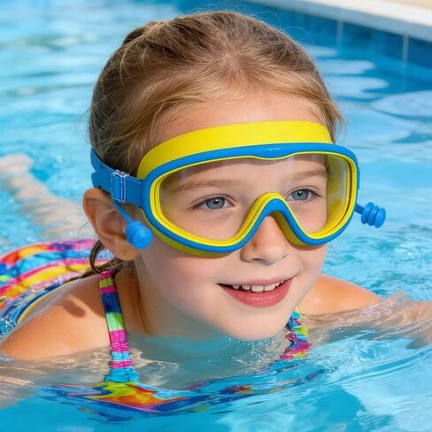 Kids Swimming Goggles Anti-Fog with Tall Frame, Waterproof Protective Lenses & Integrated Earplugs in Saudi Arabia
