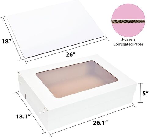 JJO 26x18x5 بوصة علب كعكة كاملة ورقة مع لوحات كعكة سميكة، 5 صناديق مخبز كبيرة حزمة صناديق كعكة مستطيلة مموجة لكعكة ورقة 26x18 بوصة، الكعك، براوني، الخبز المعجنات، الكعك، كب كيك in Kuwait