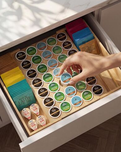 حامل كبسولات قهوة من الخيزران أكبر قابل للتوسيع لعرض درج العداد، سعة 35 جرابًا، كبسولات K-Cup - حامل منظم لتخزين أكياس الشاي (الخيزران) in Kuwait