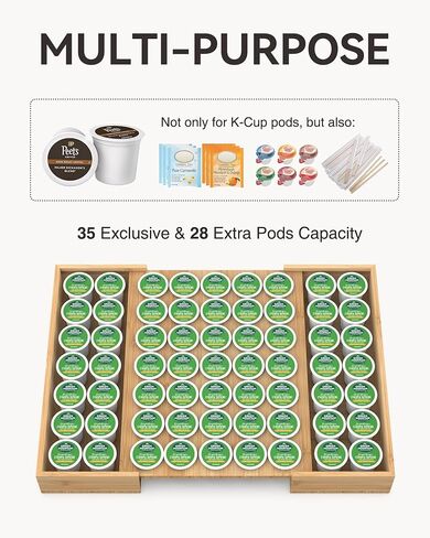 حامل كبسولات قهوة من الخيزران أكبر قابل للتوسيع لعرض درج العداد، سعة 35 جرابًا، كبسولات K-Cup - حامل منظم لتخزين أكياس الشاي (الخيزران) in Kuwait