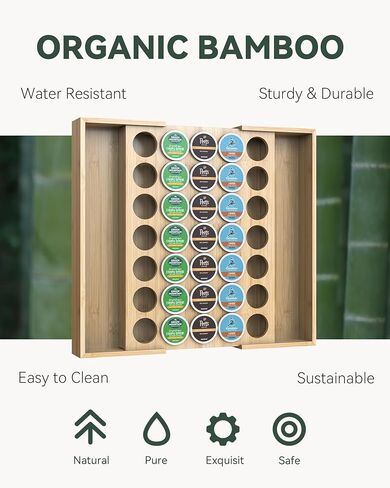 حامل كبسولات قهوة من الخيزران أكبر قابل للتوسيع لعرض درج العداد، سعة 35 جرابًا، كبسولات K-Cup - حامل منظم لتخزين أكياس الشاي (الخيزران) in Kuwait