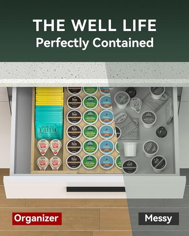 حامل كبسولات قهوة من الخيزران أكبر قابل للتوسيع لعرض درج العداد، سعة 35 جرابًا، كبسولات K-Cup - حامل منظم لتخزين أكياس الشاي (الخيزران) in Kuwait