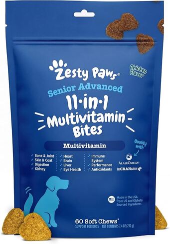 فيتامينات متعددة للكلاب من زيستي باوز، فيتامينات ومكملات للكلاب قابلة للمضغ للورك والمفاصل والجلد والمعطف، زيت السمك أوميغا 3 للكلاب - فيتامينات متعددة لكبار السن والجراء - دجاج - 90 قيراط in Kuwait