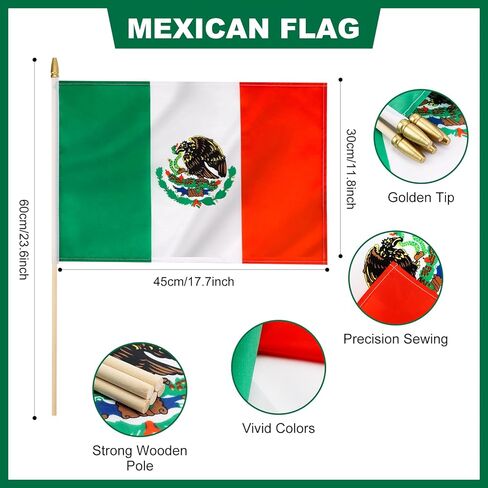 12 Pack Mexico Stick Flags Small 12x18 Inch Mexican Hand Held Flags with 24 Inch Wooden Pole Decorations in Saudi Arabia