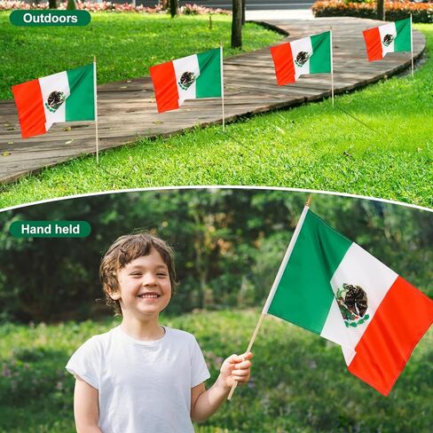 12 Pack Mexico Stick Flags Small 12x18 Inch Mexican Hand Held Flags with 24 Inch Wooden Pole Decorations in Saudi Arabia