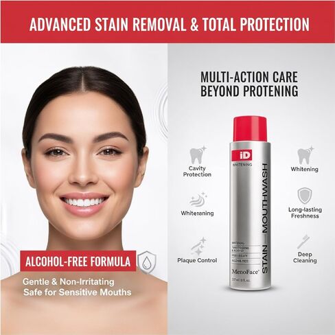 غسول الفم المبيض للبقع من آي دي، غسول الفم المزيل للبقع للحصول على نفس منعش، غسول الفم بيروكسيد الهيدروجين لتعزيز بياض الأسنان، شطف بيروكسيد بالزيوت العطرية 237 مل in Kuwait