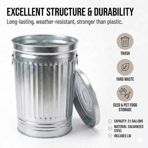 31 Gallon Galvanized Steel Trash Can with Lid – Heavy Duty Metal Outdoor Garbage Bin for Yard Waste, Pet Food Storage, and Ash Disposal, Rust Resistant, and Weatherproof Utility Container in Saudi Arabia