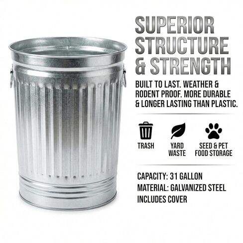 31 Gallon Galvanized Steel Trash Can with Lid – Heavy Duty Metal Outdoor Garbage Bin for Yard Waste, Pet Food Storage, and Ash Disposal, Rust Resistant, and Weatherproof Utility Container in Saudi Arabia