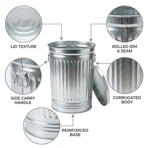 31 Gallon Galvanized Steel Trash Can with Lid – Heavy Duty Metal Outdoor Garbage Bin for Yard Waste, Pet Food Storage, and Ash Disposal, Rust Resistant, and Weatherproof Utility Container in Saudi Arabia