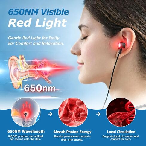 العلاج بالضوء الأحمر للأذنين من إنلي، جهاز العلاج بالضوء الأحمر المحمول بطول 650 نانومتر لراحة واسترخاء الأذن اللطيفة، مع مؤقت تلقائي لمدة 30 دقيقة و3 أوضاع للروتين الصحي اليومي، أسود in Kuwait